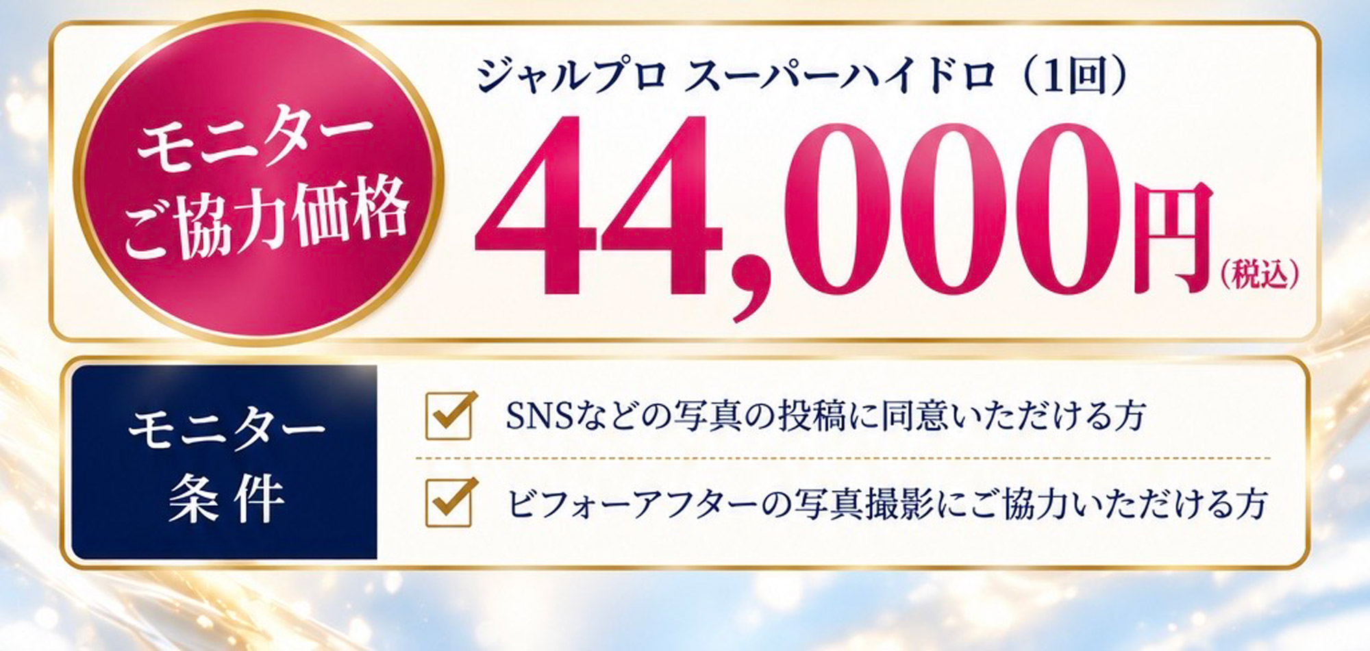 モニターご協力価格 ジャルプロ スーパーハイドロ（1回）44,000円（税込）。モニター条件：SNSなどの写真の投稿に同意いただける方、ビフォーアフターの写真撮影にご協力いただける方。